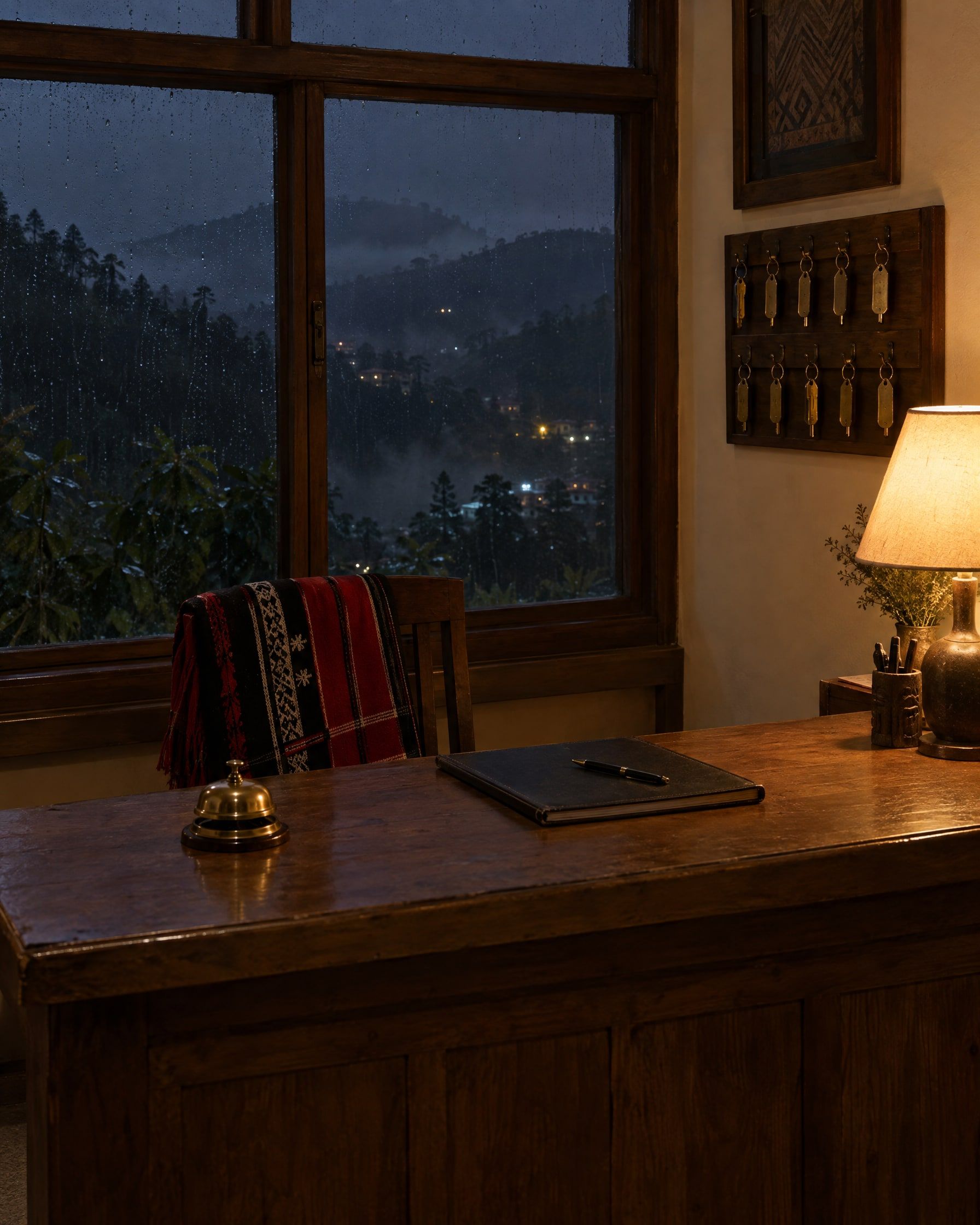 A small hotel's front desk at night, with a brass bell, the guest book, room keys on the wall and a lamp left on. Rain runs down the window, and the lights of a hill town show outside. Nobody is there.