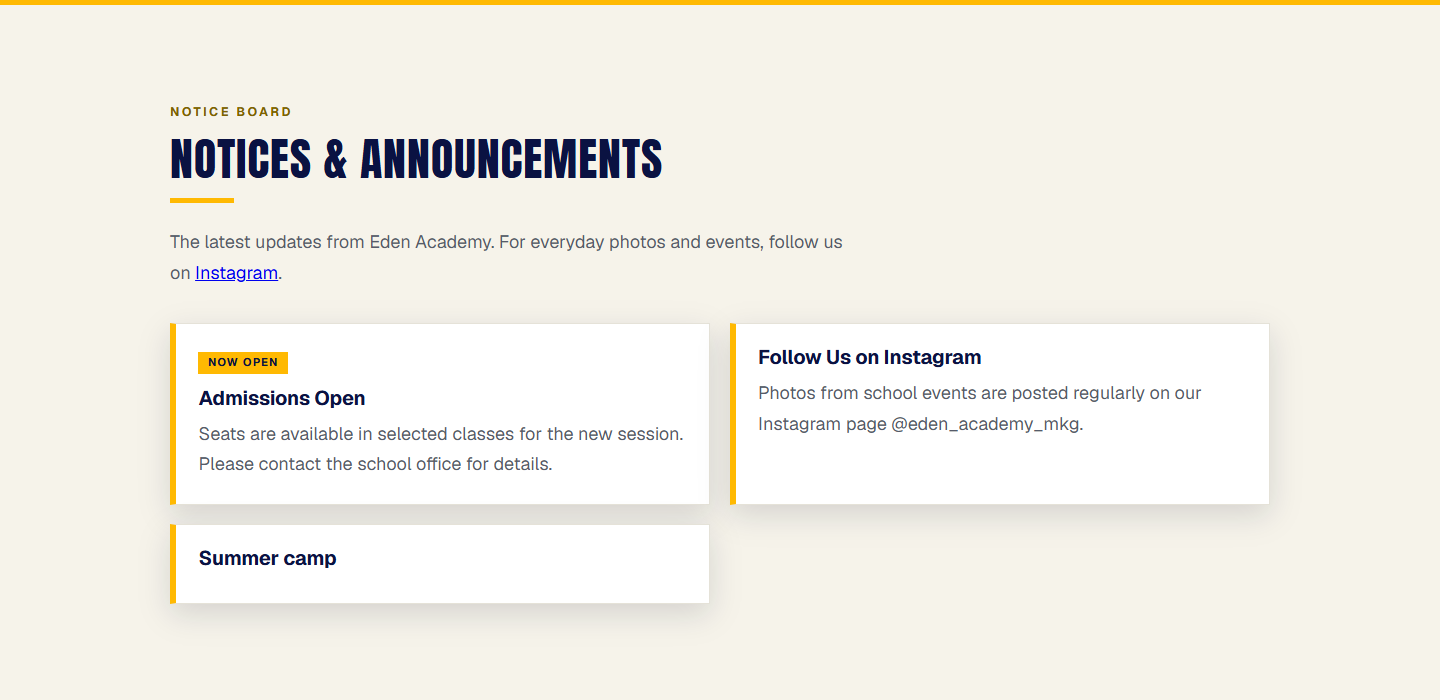 The notice board on the Eden Academy website, on a laptop, with three notices: Admissions Open, Follow Us on Instagram, and Summer camp.